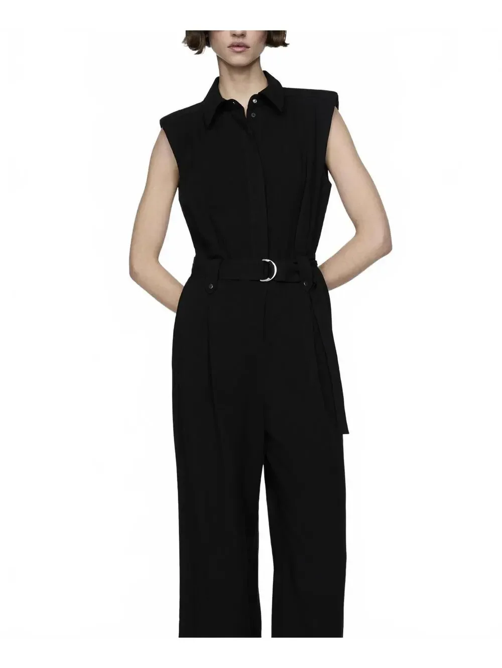 Mango Linen Blend Jumpsuit With Belt Clip and Shoulder Pad NWT Matty Black Large